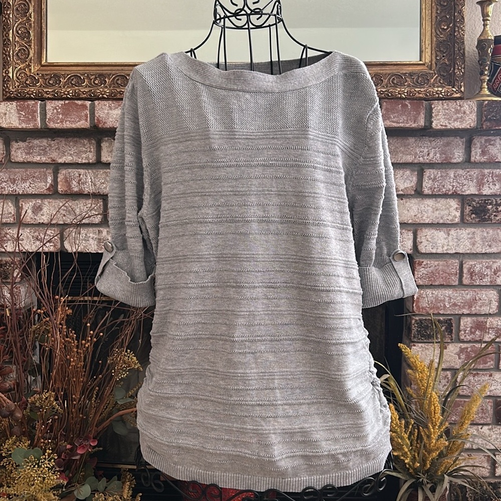 APT 9 Womens Sweater Top 3/4 Sleeves Button Textured Knit Gray Casual Sz XL